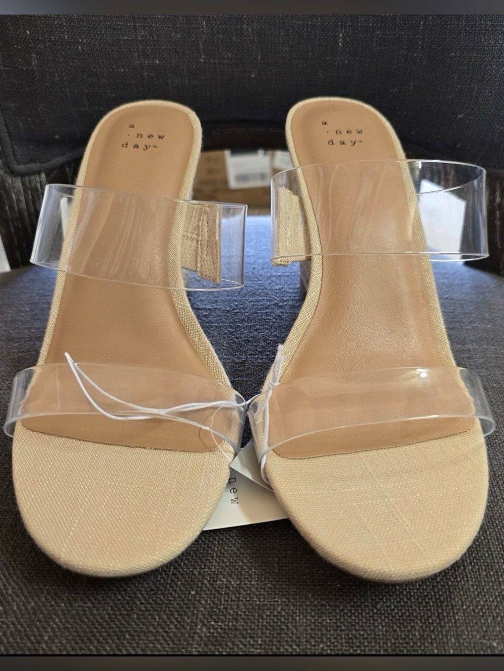 a new day Beige Slide Sandals with Clear Double Straps